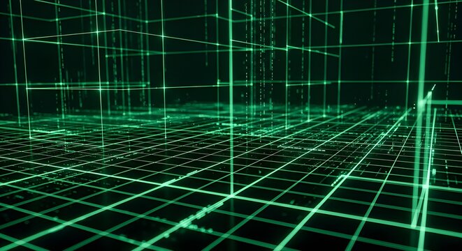 A green grid with vertical lines on a dark background creating a futuristic technology design