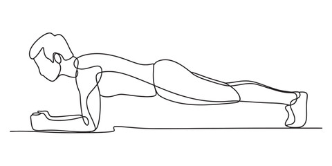 Continuous line art drawing of a person performing a plank exercise, showcasing core strength, fitness, and a healthy active lifestyle.