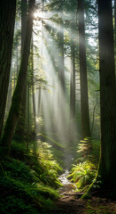 Obraz premium “Soft forest aesthetic with sunlight filtering through trees, gentle fog, calm green tones, serene natural atmosphere, cinematic peaceful vibe.”