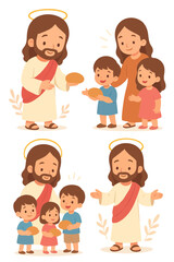 Cute flat illustration of Jesus interacting with children, sharing bread and showing kindness. Perfect for Sunday school books, Christian teaching visuals, and family-friendly religious content.