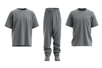 Gray shirt and pants, laid out flat on a black background