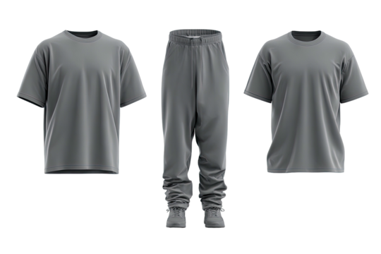 Gray shirt and pants, laid out flat on a black background