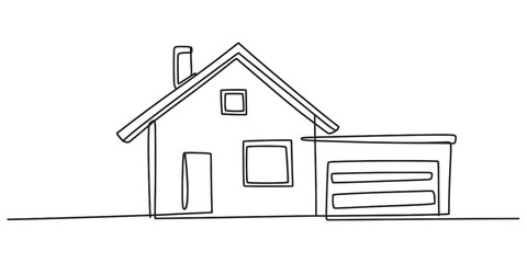 One continuous line drawing of a simple suburban house with an attached garage, depicting home, property, and architecture concept illustration on white background.
