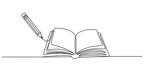 One continuous line art drawing of an open book and a pencil illustrating concepts of education, learning, writing, reading, and knowledge.