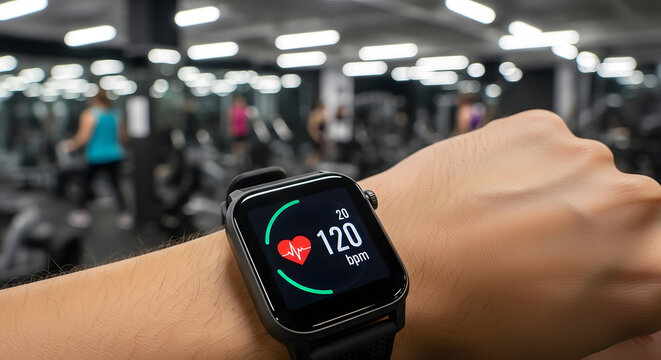 Close up of a smartwatch displaying heart rate on a wrist in a gym with people exercising