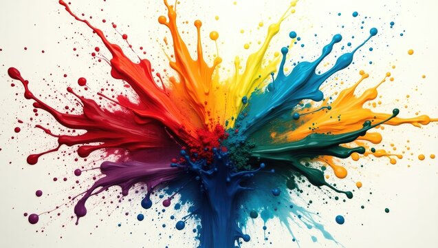 Colorful paint splashes exploding outwards from a central point, displaying a vivid rainbow of hues against a clean white background.