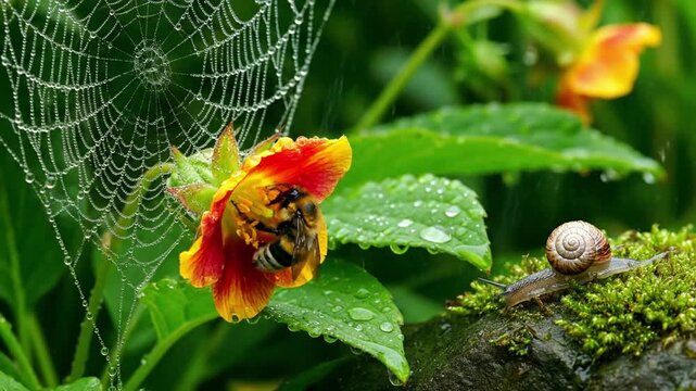 A snail slowly traversing a mossy stone or damp soil, emphasizing the quiet, persistent movement and small wonders of the garden ecosystem. Patience, organic, natural textures.
