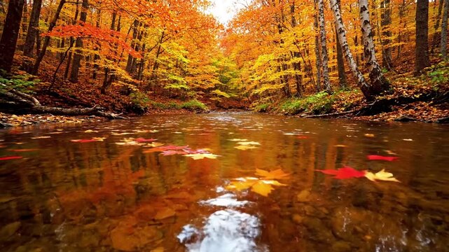 Dynamic shot following a cluster of golden, crimson, and rust colored leaves as they navigate small ripples and eddies, emphasizing the natural flow and the beauty of decay.