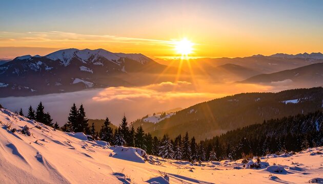 Panoramic view of a snowy mountain range at sunset with glowing sun - Powered by Adobe