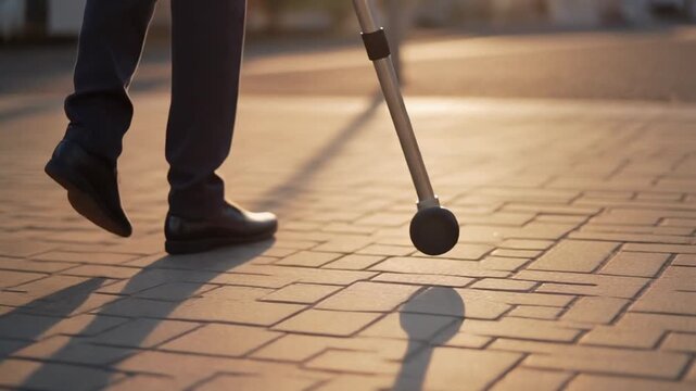 Man walking with a cane on a tiled path at sunset