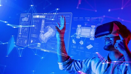 A man interacts with a virtual reality interface showcasing electric vehicle data, highlighting the blend of technology and user engagement in a modern setting. Raster - Powered by Adobe