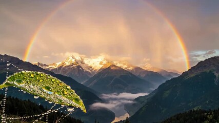 Close up shot of an iridescent hummingbird's feathers shimmering with rainbow colors as it hovers near a dew kissed tropical leaf. Macro, detailed focus