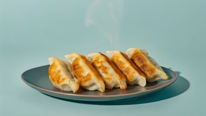 Golden pan-fried dumplings on a dark plate with soft studio light, crisp textures, gentle steam, and elegant minimal presentation style.