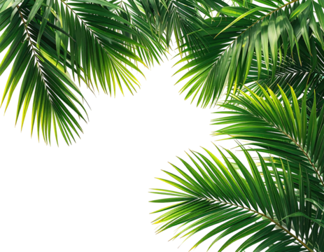 Lush, bright green palm leaves frame a dark, empty space
