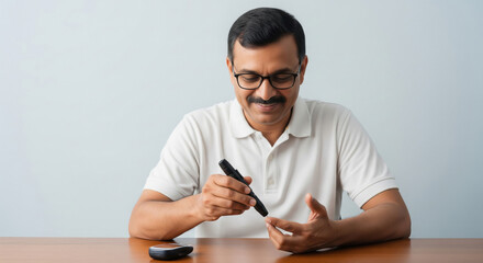 A middle-aged Indian man in glasses and a white polo shirt checks his blood sugar with a glucometer, smiling calmly at a table.