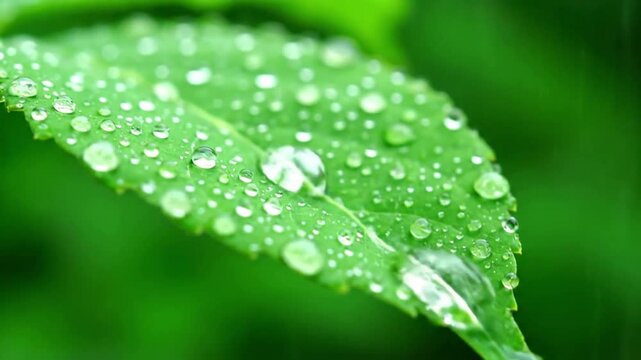 Immerse the viewer in a tranquil, close up natural environment, emphasizing the pristine beauty of the plant life after a refreshing rainfall. Atmospheric beauty