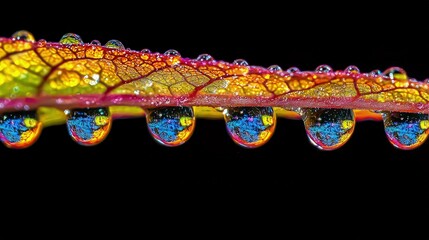 Water droplets on a leaf reflecting vibrant colors.