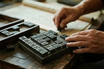 Hands arranging traditional wooden printing blocks with Chinese characters on a workbench