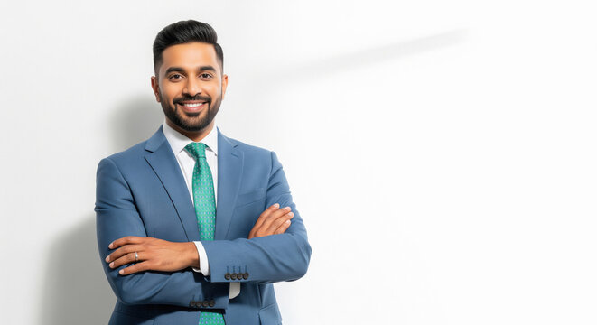 A confident young Indian businessman in a blue suit and green tie stands smiling with arms crossed