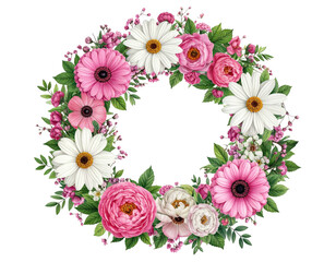 Floral wreath; pink, white daisies & peonies with greenery