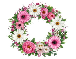 Floral wreath; pink, white daisies & peonies with greenery