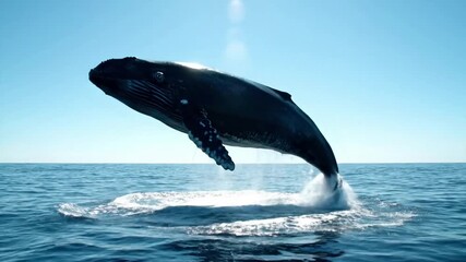 A pod of whales navigating vast, deep blue waters, emphasizing their natural migratory patterns and undisturbed oceanic wilderness. Wide shot illustrating the whales' collective journey within?