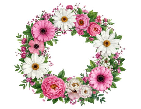 Floral wreath; pink, white daisies & peonies with greenery - Powered by Adobe