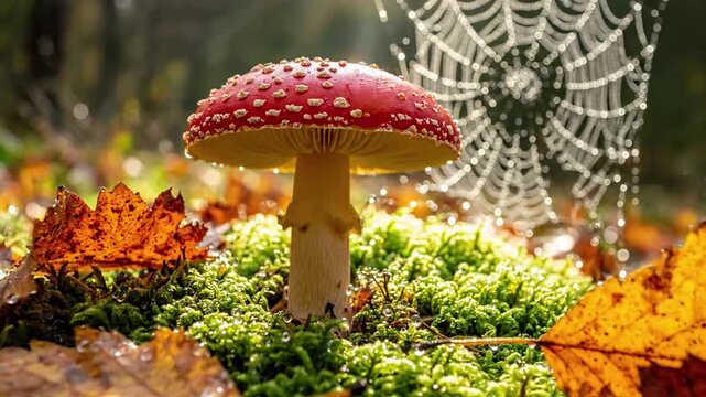 Dynamic time lapse footage revealing the subtle changes in a mushroom's appearance throughout a day, from dawn's first light to twilight's soft glow. temporal transformation