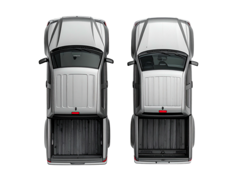 Two silver pickup trucks, top-down view