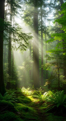 Fototapeta premium “Soft forest aesthetic with sunlight filtering through trees, gentle fog, calm green tones, serene natural atmosphere, cinematic peaceful vibe.”