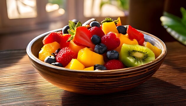 Deliciously fresh fruit salad bowl with a mix of ripe strawberries, blueberries, kiwi, and sweet mango cubes on a wooden table