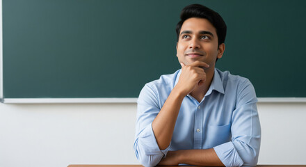 A young adult Indian man in a blue shirt sits thoughtfully at his desk in front of a classroom blackboard.