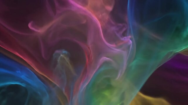 Abstract animation exploring the vibrant interplay of iridescent pigments and shifting light in a purely digital space. Overhead perspective, looking down onto the complex, layered color dynamics.