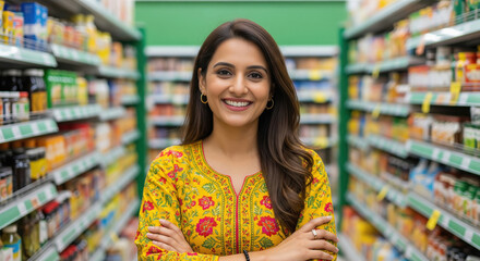 A young Indian woman in a vibrant yellow floral kurti stands confidently in a grocery store aisle, surrounded by colorful products.