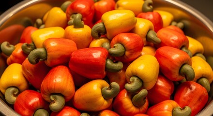 Pile of fresh ripe yellow and red cashew apples with nuts.