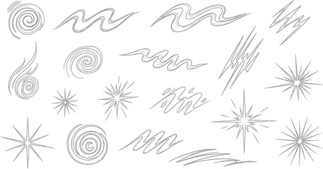 Collection of Grey Abstract Swirls, Waves, Scribbles, and Starbursts on White Background illustration