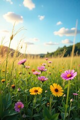 Bright, vibrant wildflowers with yellow and pink petals bloom abundantly in a sunny meadow beneath a clear, blue sky dotted with fluffy, white clouds, creating a cheerful, scenic landscape during 
