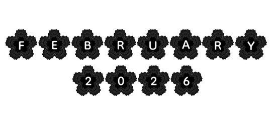The phrase “February 2026” displayed within ornate black floral frames on Transparent background with a subtle glow, perfect for seasonal artwork, monthly calendar layouts, and event promotions.