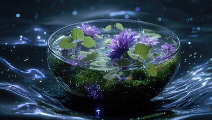 A glass bowl, filled with water, purple flowers, and green foliage, sits on a dark, shimmering surface, surrounded by ethereal light particles