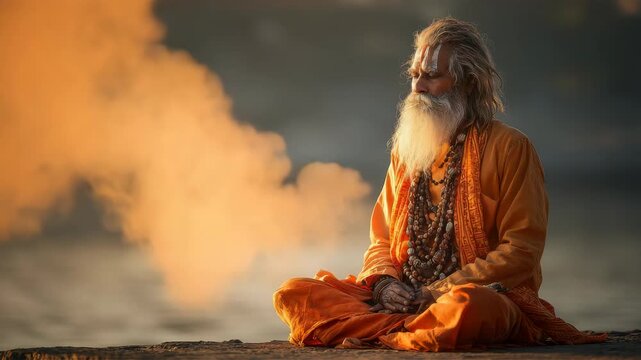 Spiritual Sadhu Meditating Peacefully at Sunrise by the Ganges River