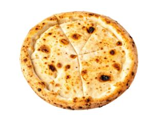 Toasted cheese pizza, cut into six slices