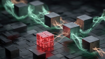 A red translucent cube, fractured internally, glows brightly amidst a grid of dark grey cubes.  Energetic, glowing teal and orange tendrils connect the cubes.