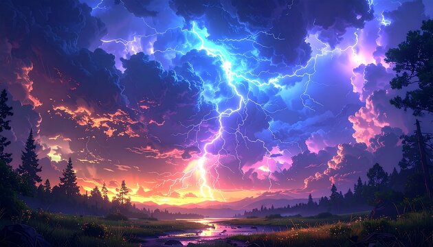 A breathtaking landscape with a vibrant sunset and illuminating lightning. Trees silhouette the horizon, as clouds fill the sky - Powered by Adobe