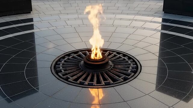 A captivating steady flame burns brightly from a modern, metallic fire feature set into an intricately designed floor. The polished surface features a striking geometric pattern of contrasting dark an