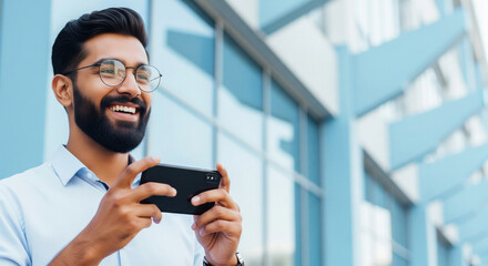 A cheerful young Indian man with a beard and glasses smiles while holding his smartphone outside a modern glass building.