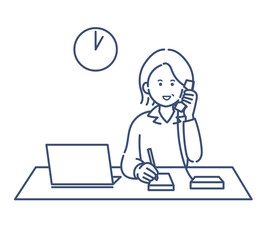 電話対応をする40代女性のイラスト　線画のみ