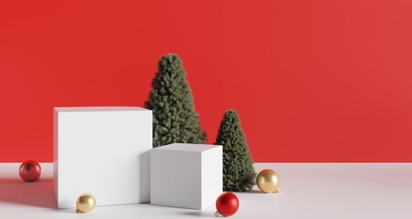 Minimalist christmas product display mockup with red and white festive background. 3D rendering