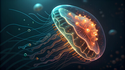 Glowing jellyfish floats gracefully in deep ocean, showcasing its translucent body and vibrant tentacles, embodying beauty of marine life