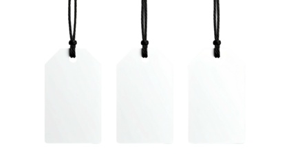 Three hanging, white, blank price tags on black string