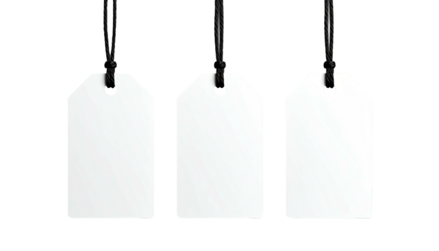 Three hanging, white, blank price tags on black string - Powered by Adobe